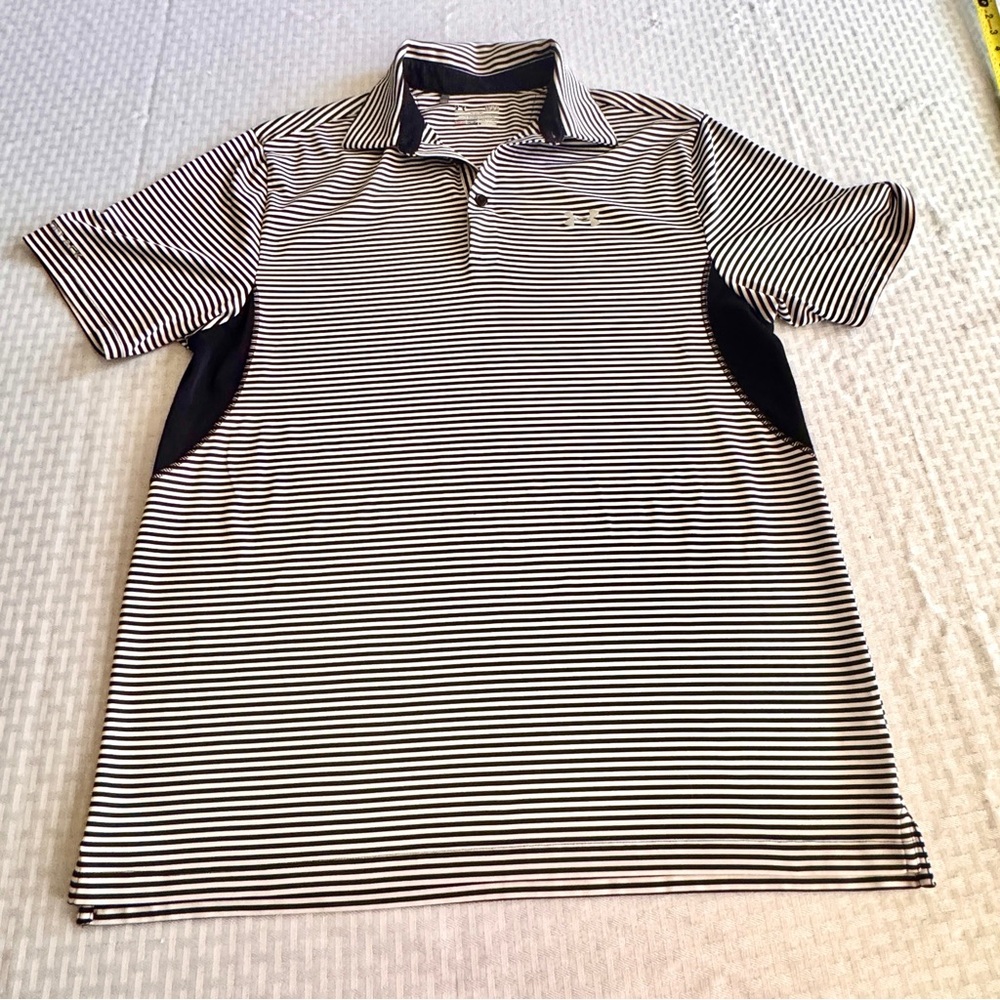 Under Armour HeatGear Mens Large Black White Striped Performance Golf Polo Shirt